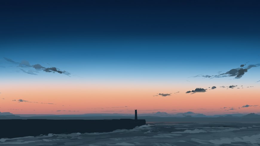 日落时分海边灯塔剪影宁静海景风景电脑壁纸