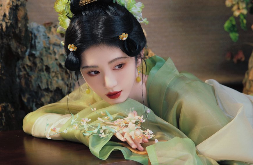 鞠婧祎绿色古装花饰发髻古典人物电脑壁纸