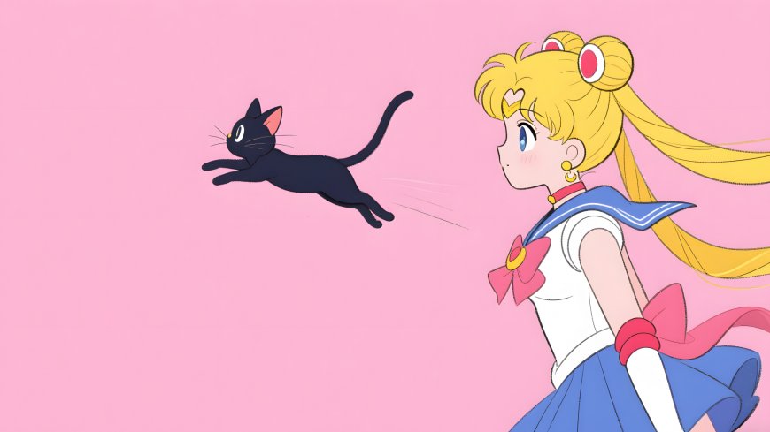 美少女战士月野兔黑猫露娜粉色背景动漫电脑壁纸