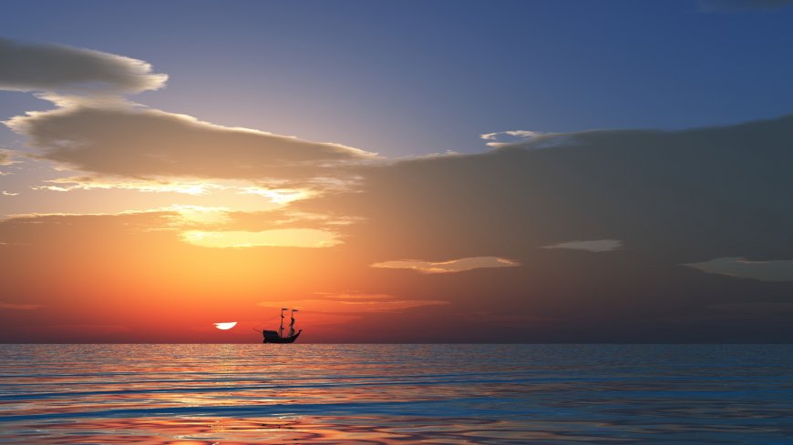 日落海面孤舟剪影唯美风景电脑壁纸