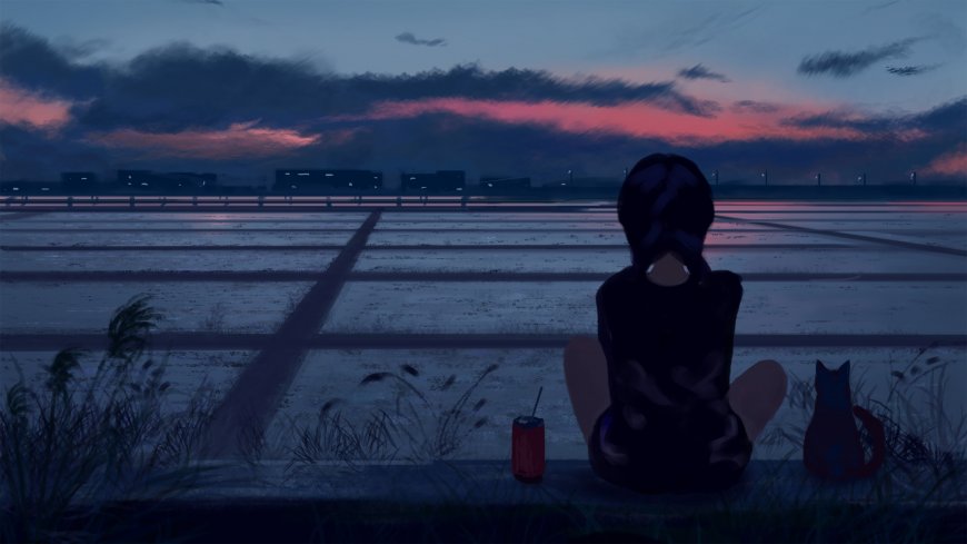 女孩与猫静坐观赏黄昏晚霞风景电脑壁纸