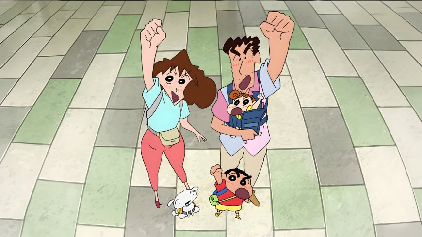 蜡笔小新一家四口欢呼跳跃动漫电脑壁纸