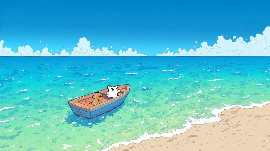 线条小狗海边划船蓝绿海水清新动漫电脑壁纸