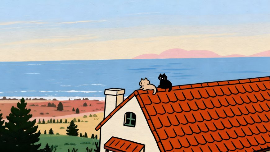 卡通猫咪屋顶看海治愈插画风景电脑壁纸