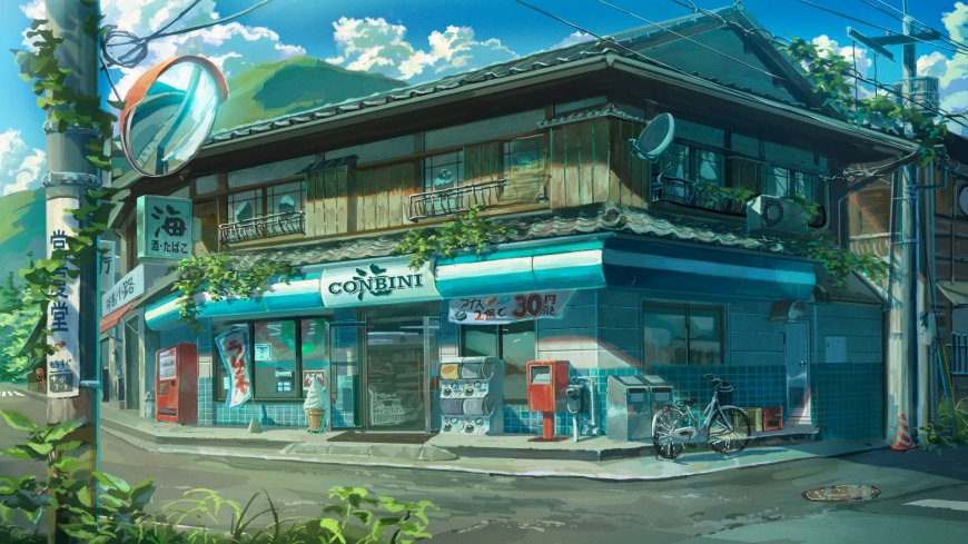 日系动漫风格街角便利店蓝天白云风景电脑壁纸