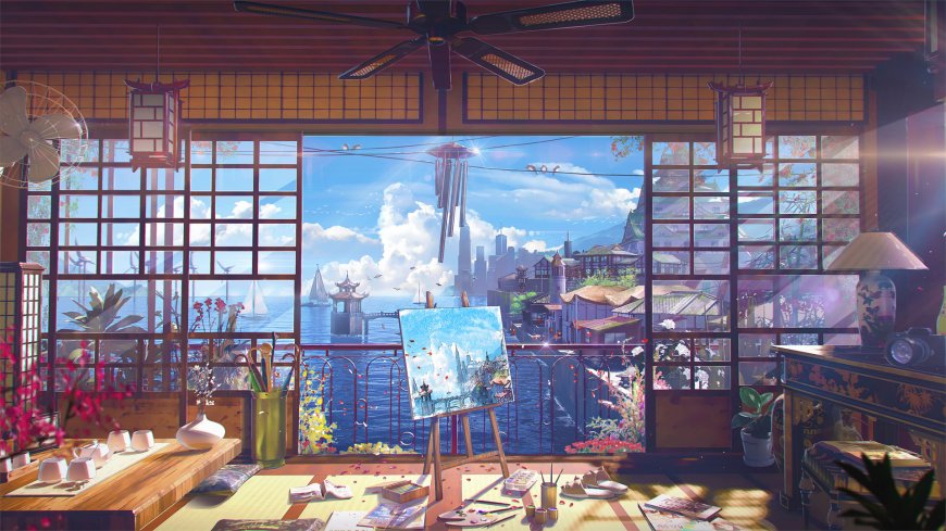日式画室榻榻米海景阳台阳光治愈风景电脑壁纸