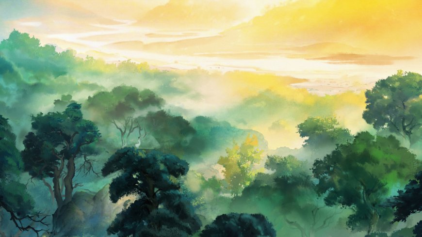 水墨风格森林晨雾阳光穿透树林风景电脑壁纸