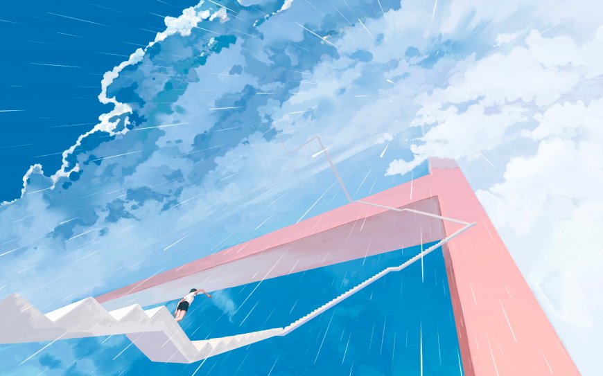 少女奔跑粉色天梯云端雨景梦幻动漫电脑壁纸