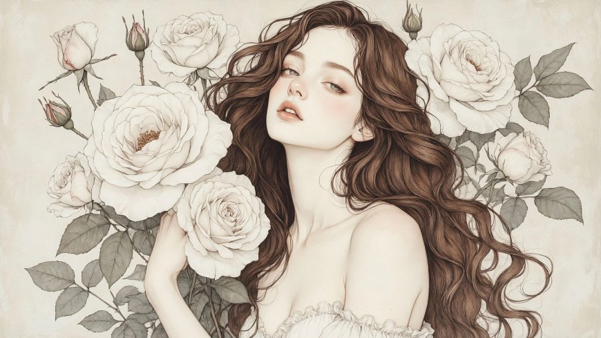 手绘风长发女子与白玫瑰浪漫插画电脑壁纸