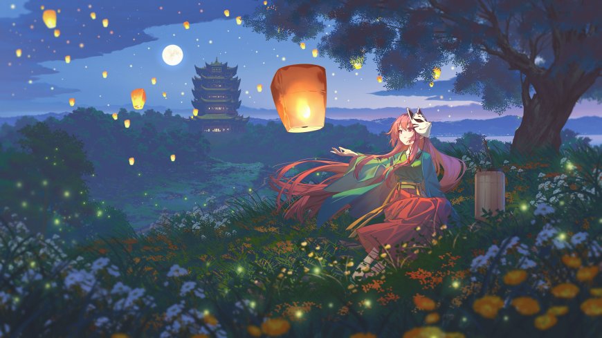 东方Project秦心放天灯月夜古风动漫电脑壁纸