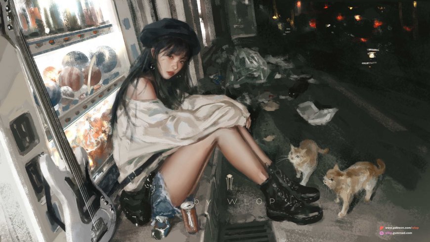 WLOP原创戴贝雷帽少女与猫咪吉他电脑壁纸