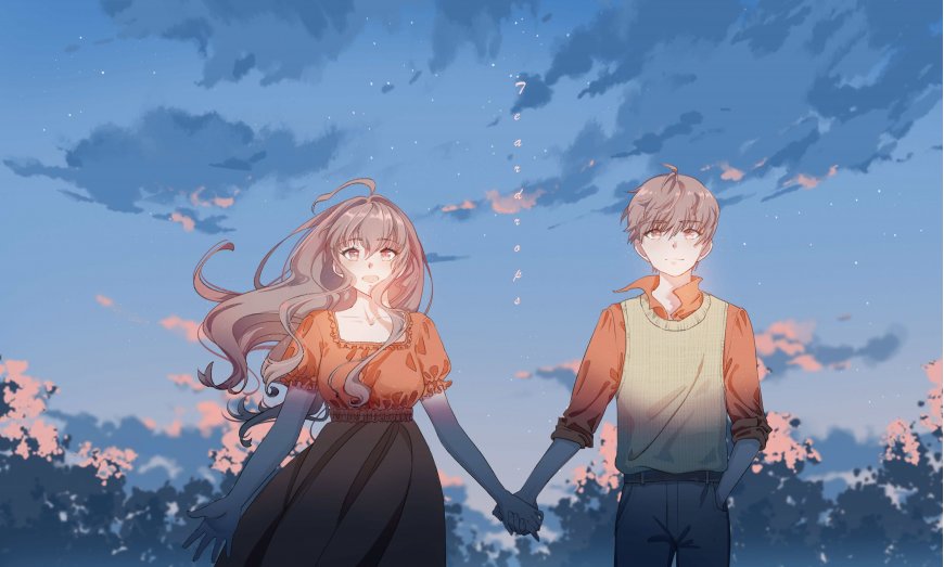 动漫情侣牵手漫步黄昏云霞下浪漫人物电脑壁纸