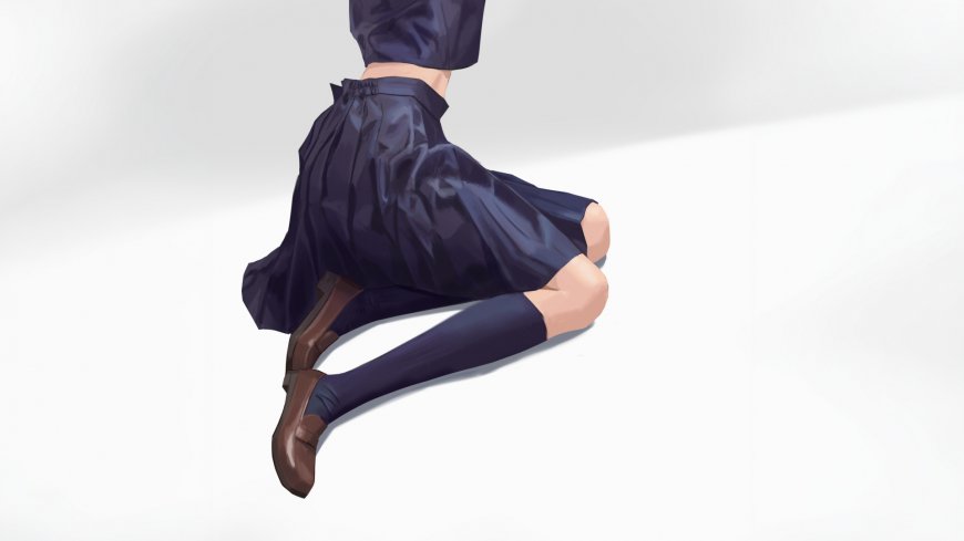 动漫少女深蓝色百褶裙坐姿腿部特写动漫电脑壁纸