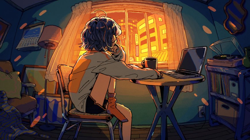 短发少女窗边工作暖光室内场景动漫电脑壁纸