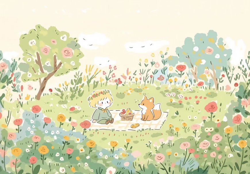 小王子与狐狸野餐花海治愈插画风景电脑壁纸