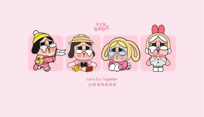 泡泡玛特哭娃哭泣表情粉色背景动漫电脑壁纸