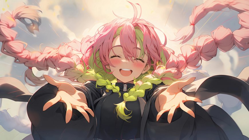 鬼灭之刃甘露寺蜜璃粉绿麻花辫灿烂笑容人物电脑壁纸