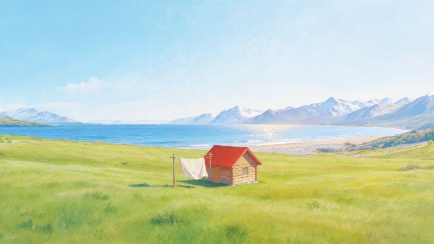 绿色草原红色屋顶小木屋与雪山湖泊风景电脑壁纸