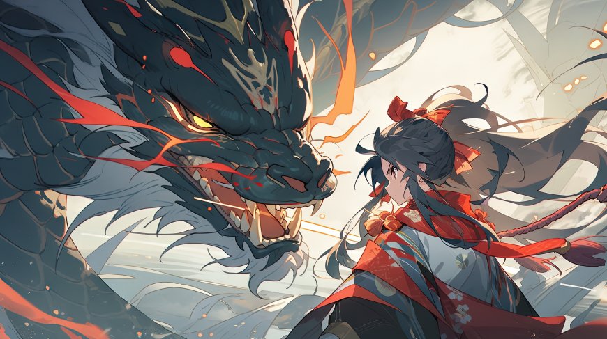 古风少女与黑龙对峙红蓝撞色动漫电脑壁纸