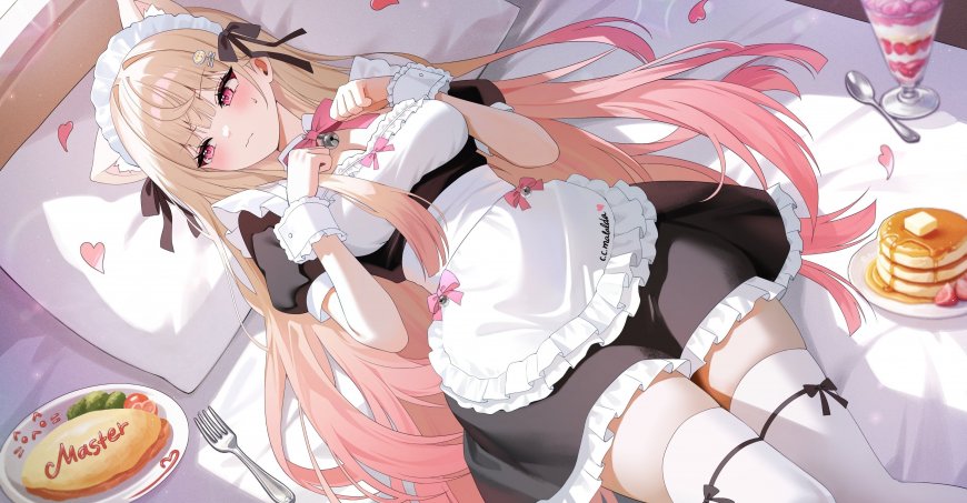 喜多川海梦女仆装躺卧猫耳甜点动漫电脑壁纸