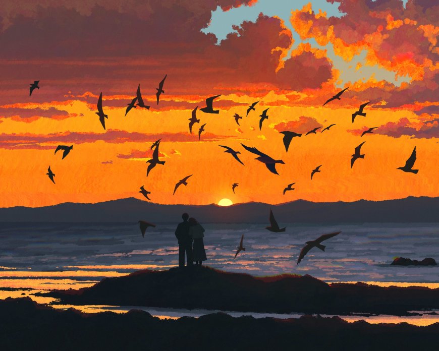 海边日落情侣剪影群鸟飞翔浪漫治愈风景电脑壁纸