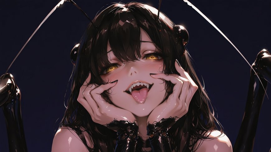 暗黑动漫少女金色瞳孔吐舌表情特写动漫电脑壁纸