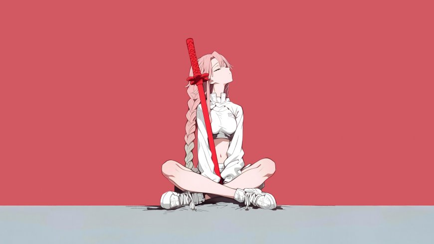粉发少女持红刀盘坐简约背景动漫人物电脑壁纸