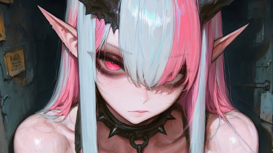 粉白双色发恶魔角少女红瞳凝视暗黑动漫电脑壁纸