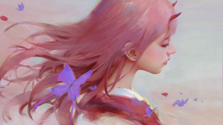 粉色长发少女侧颜蝴蝶飞舞唯美动漫电脑壁纸