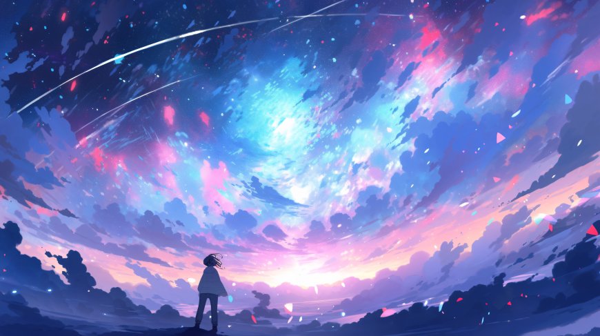 二次元少女仰望星空极光云彩幻想动漫电脑壁纸