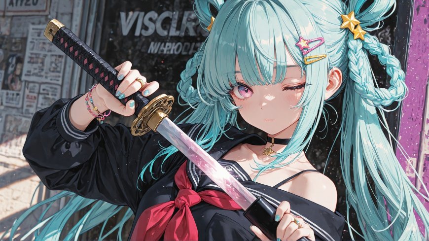 蓝发双马尾少女持武士刀街头酷飒动漫电脑壁纸