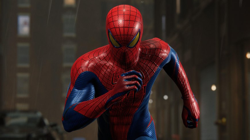 漫威蜘蛛侠红蓝战衣雨中奔跑经典形象游戏电脑壁纸