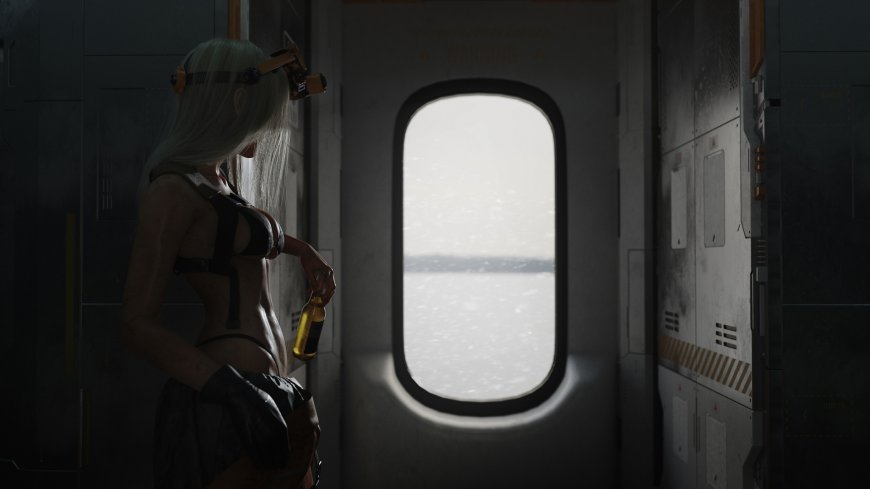 科幻女性舱内持瓶眺望窗外未来感创意人物电脑壁纸