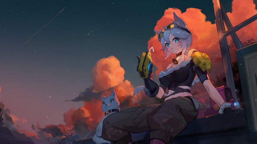 猫耳少女与猫黄昏云彩卡通动漫场景电脑壁纸