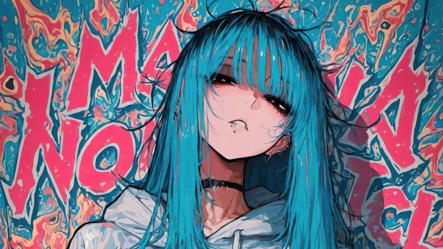 蓝发动漫少女涂鸦背景个性插画动漫电脑壁纸