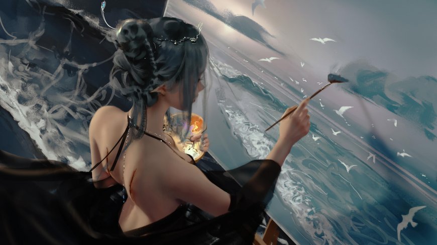 海琴烟公主WLOP 鬼刀黑发女性执笔作画海边飞鸟环绕唯美动漫电脑壁纸