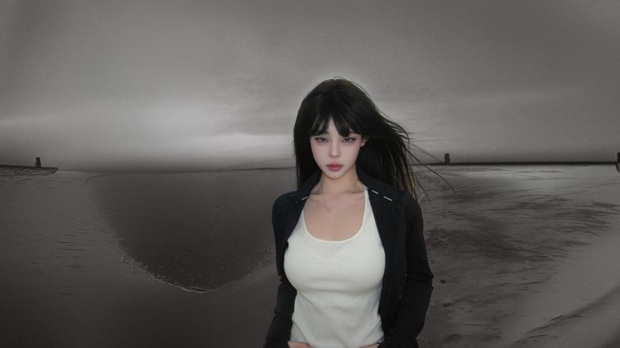 灰调海边长发女生站立忧郁人物电脑壁纸