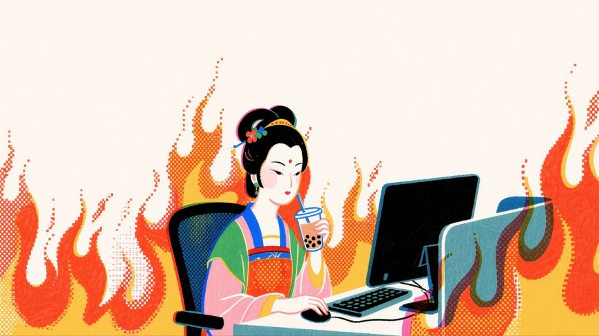 古风仕女电脑前喝奶茶火焰背景卡通创意电脑壁纸