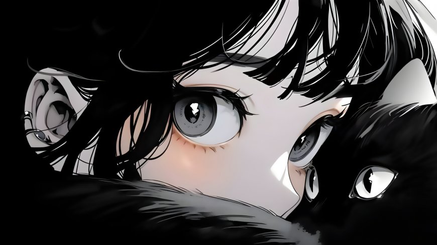 黑猫少女眼神特写黑白光影细腻插画人物电脑壁纸
