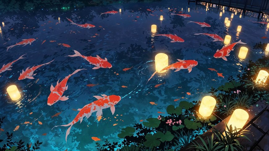 锦鲤池塘漂浮水灯夜色梦幻日式庭院动漫电脑壁纸
