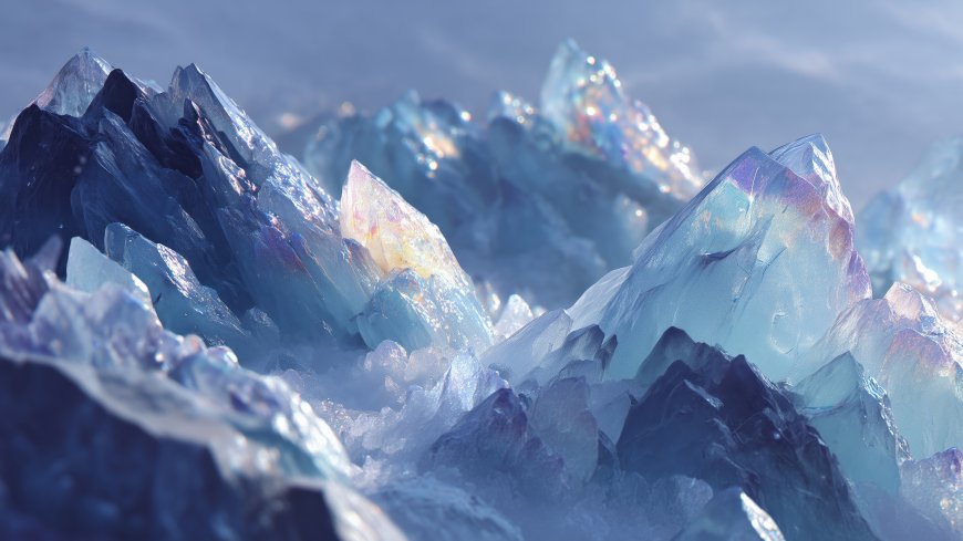 蓝冰晶山峰折射虹光奇幻地貌创意插画风景电脑壁纸