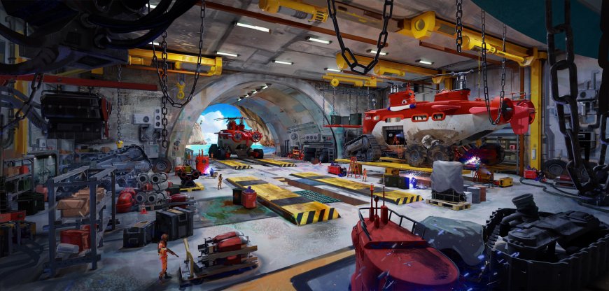 红色潜水艇机库场景机械工业风科幻动漫电脑壁纸