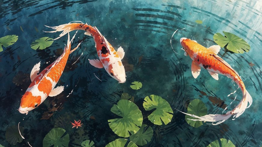 锦鲤荷叶池塘水面波纹清澈水下世界自然动物电脑壁纸