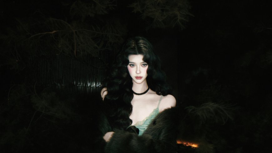 黑卷发女性绿吊带裙暗夜森林神秘人物电脑壁纸