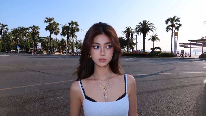 女生穿白色吊带背心站棕榈树街道时尚人物电脑壁纸