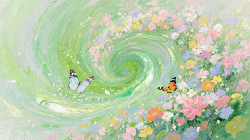 花海蝴蝶绿色漩涡梦幻插画治愈系风景电脑壁纸