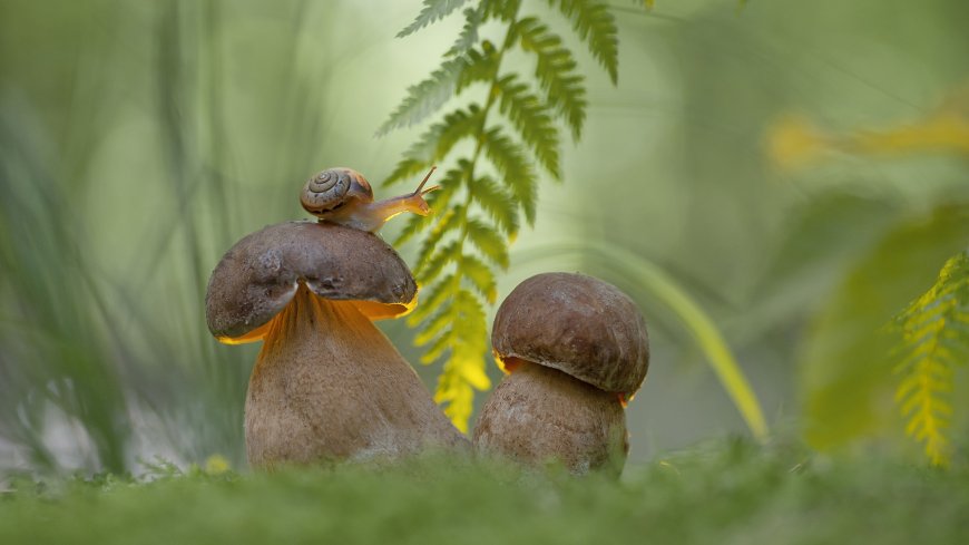 蜗牛栖息蘑菇之上绿叶点缀自然微距动物电脑壁纸