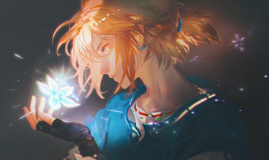 塞尔达传说林克凝视发光花朵奇幻动漫电脑壁纸