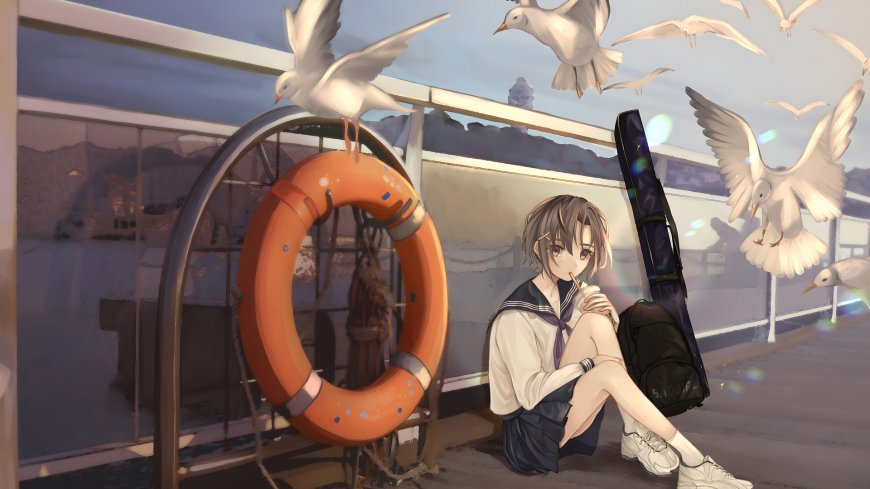 水手服少女码头喝饮料海鸥环绕清新动漫电脑壁纸