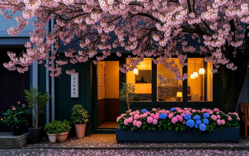 樱花树下咖啡店粉蓝绣球花窗台温馨治愈风景电脑壁纸